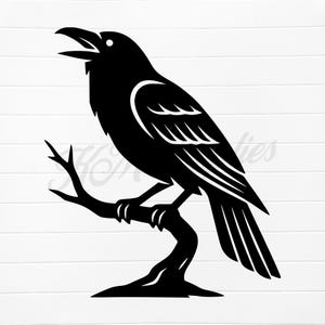 May include: A black silhouette of a raven perched on a branch. The raven is depicted with its beak open, as if cawing. The artwork is a minimalist design, suitable for wall art or decorative purposes.