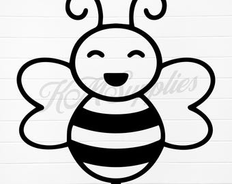 May include: A black and white cartoon illustration of a smiling bee with a striped body and large wings.