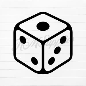 May include: A black and white illustration of a six-sided die with three dots on one side and two dots on the opposite side.