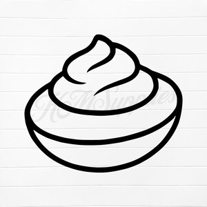 Può includere: Un disegno a tratto nero e bianco di un vortice di glassa sopra una ciotola. La ciotola ha una forma arrotondata con un bordo spesso. La glassa ha un aspetto strutturato, con un singolo vortice in alto. L'immagine è un design semplice e pulito.