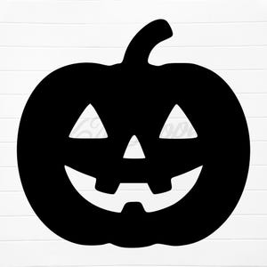 May include: A black silhouette of a carved pumpkin with triangular eyes, a triangular nose, and a wide, smiling mouth. The pumpkin has a curved stem at the top. The image is a Halloween-themed design.