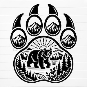 May include: A black bear paw print design with a mountain and forest scene inside. The bear is walking towards the viewer, with a sun rising in the background. The paw print has four mountain scenes in the toes and three claws.
