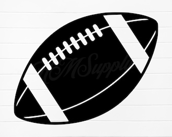 May include: Black and white silhouette of an American football. The football has white laces and stripes.