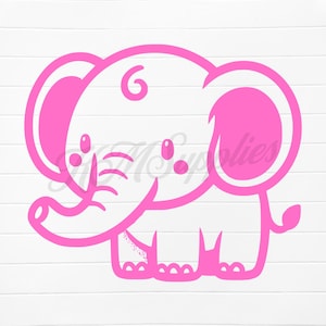 May include: A pink cartoon elephant with a curled trunk and large ears. The elephant is standing on all fours and has a simple, childlike design.
