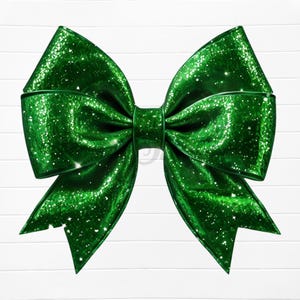 May include: A large green glitter bow with a shiny finish. The bow is tied in a classic shape with two loops and a center knot.