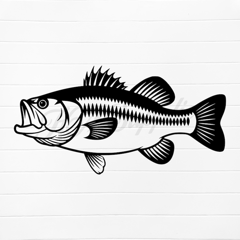 Puede incluir: Silueta en blanco y negro de un pez lubina de boca grande con un dise&ntilde;o detallado. El pez est&aacute; mirando hacia la izquierda con la boca abierta.