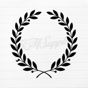 May include: A black laurel wreath design with leaves and berries. The wreath is a circular shape, ideal for logos, invitations, or design projects. The background is white.