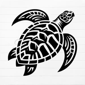 May include: Black and white stylized illustration of a sea turtle. The turtle's body and flippers are intricately designed with geometric patterns. The image is set against a white background with horizontal lines.