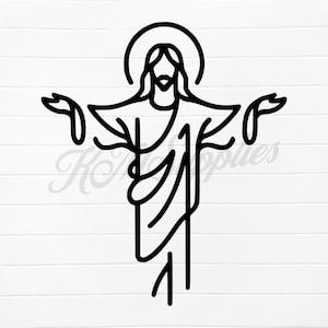 以下が含まれることがあります： 広げた腕でローブとハローを身に着けたイエス・キリストの線画イラスト。