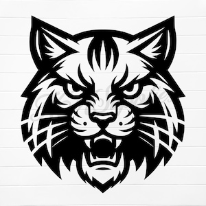 May include: A black and white graphic of a wildcat's head, featuring sharp lines and a fierce expression. The wildcat has pointed ears, a snarling mouth, and intense eyes, conveying a sense of strength and aggression. The design is suitable for sports teams or wildlife-themed products.