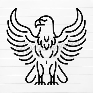 May include: Black and white line art illustration of an eagle with its wings spread wide. The eagle is facing to the right and has a sharp beak.