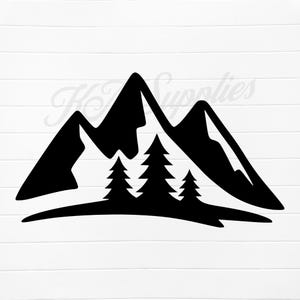 May include: Black mountain range silhouette with three pine trees in the foreground. The design features a simple, clean aesthetic, perfect for outdoor-themed crafts and decor. The image is set against a white background.