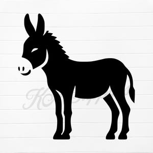 May include: A black silhouette of a donkey standing on a white background. The donkey is facing left and has a friendly expression.