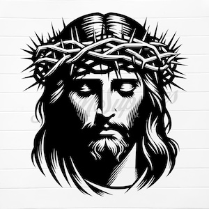 jesus wearing crown digital image, jesus face silhouette, jesus crown of thorns and face svg, jesus crown of thorns png, jesus head png, svg