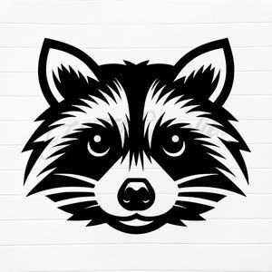 May include: Black and white illustration of a raccoon's face. The raccoon has a friendly expression with a small smile and black eyes.