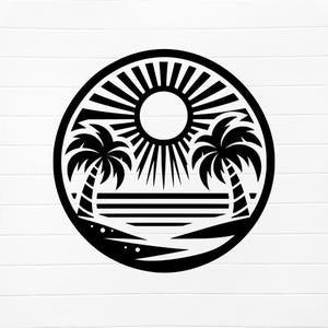 May include: Black and white silhouette of a sun, two palm trees, and a beach scene. The sun has rays radiating from it. The palm trees have fronds and trunks. The beach scene has a wavy line representing the water and a curved line representing the sand.