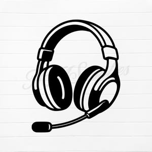 May include: Black and white illustration of a headset with a microphone. The headset features large, round earcups and a padded headband. The microphone extends from the left earcup with a rounded tip. The design is simple and graphic.