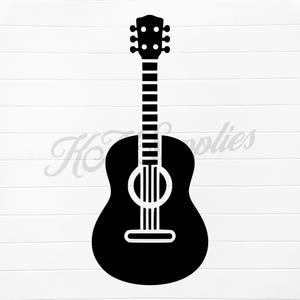 May include: A black silhouette of an acoustic guitar with a rounded body and a six-string neck.