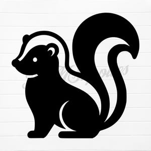 May include: A black and white graphic of a skunk in a sitting position. The skunk has a white stripe down its back and a fluffy tail. The image is a simple, cartoon-like illustration.
