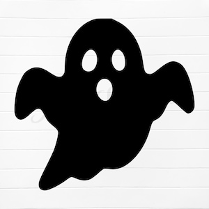 May include: A black silhouette of a ghost with three white oval-shaped eye and mouth cutouts. The ghost has a rounded head and flowing, curved arms. The design is simple and suitable for Halloween-themed crafts and decorations.