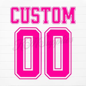 May include: A pink and white custom jersey with the word "CUSTOM" and the number "00" in a bold, blocky font.