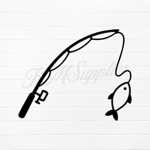 Könnte beinhalten: Schwarz-weiße Illustration einer Angelrute mit einem Fisch am Ende der Schnur. Die Angelrute ist gebogen, mit einem Griff und Führungen. Der Fisch ist eine einfache Umrisszeichnung.