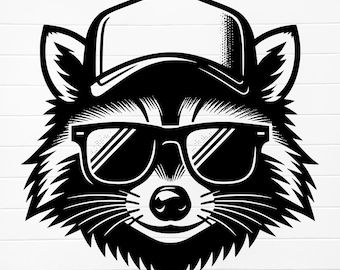 raccoon with hat and sunglasses, raccoon with hat svg, raccoon with trucker hat, cool raccoon png, raccoon silhouette svg, raccoon funny svg