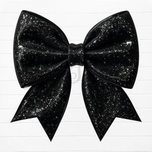 May include: A large black bow with a sparkly finish. The bow is made of a soft, shiny fabric with a subtle glitter effect.
