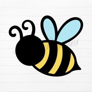 Pode incluir: Uma ilustração de desenho animado de uma abelha preta e amarela com asas azuis claras. A abelha está virada para a esquerda e tem uma cabeça grande e redonda.