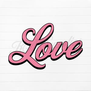 Peut inclure: Le mot "Love" en rose, écrit en cursive avec un contour noir.