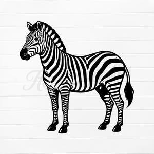 May include: A black and white illustration of a zebra against a white backdrop. The zebra is depicted with a black mane and bold black stripes. The image is a simple, graphic representation of the animal.