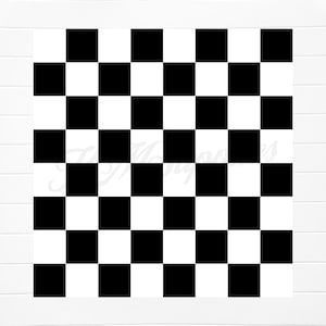May include: Black and white checkered pattern. The pattern is made up of alternating black and white squares.
