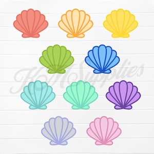 May include: Ten colorful seashells in various shades of blue, green, pink, yellow, orange, and purple. The shells are all the same shape and size, and they are arranged in a row.