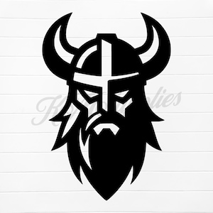 May include: Black and white illustration of a Viking warrior's head wearing a horned helmet with a cross design.
