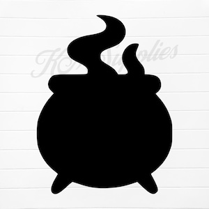 May include: A black silhouette of a cauldron with three small legs and two wisps of smoke rising from the top. The cauldron is round with a slightly flared rim. The image is set against a white background.