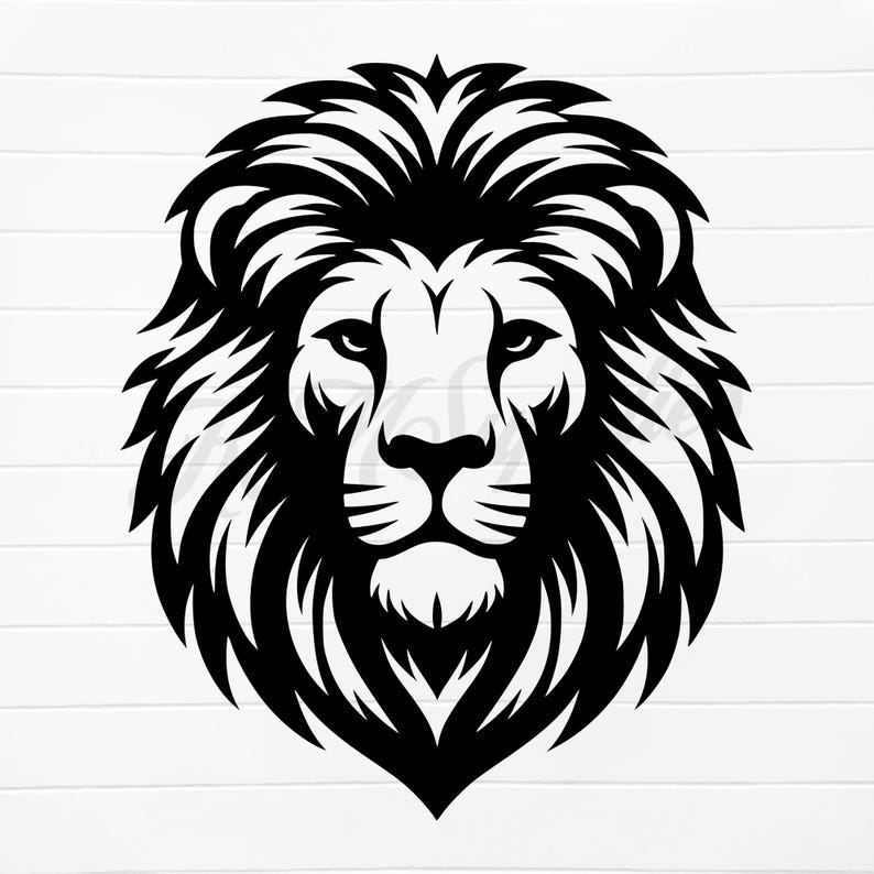 May include: Black and white illustration of a lion's head with a thick mane.