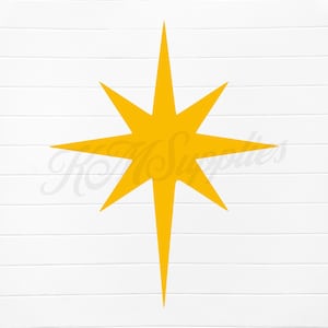 May include: A yellow star with eight points, a common symbol for the Star of Bethlehem.
