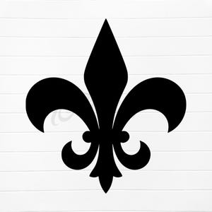 Puede incluir: Un diseño negro de flor de lis sobre un fondo blanco. El emblema estilizado presenta tres pétalos, una forma de diamante central y una base puntiaguda. El diseño es un símbolo clásico que se utiliza a menudo en heráldica y artes decorativas.