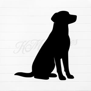 May include: A black silhouette of a dog in a sitting position, facing right. The dog has a long tail and is sitting with its front legs straight. The background is white with horizontal lines.
