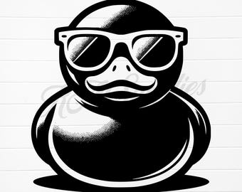 May include: A black rubber duck wearing sunglasses. The duck has a rounded body and a flat bill. The sunglasses are black with a dark lens.