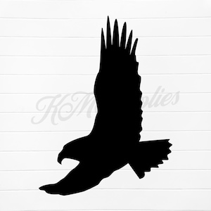May include: Black silhouette of an eagle in flight with wings spread wide. The eagle is facing left and its head is turned to the right.
