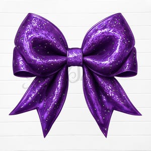 Könnte beinhalten: Eine große violette Schleife mit glitzerndem Finish. Die Schleife ist in einer klassischen Form mit zwei Schleifen und einer mittleren Schleife gebunden.