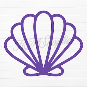 May include: A purple seashell outline illustration with a white background.