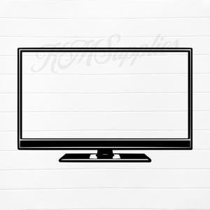 Può includere: Grafica in bianco e nero di un televisore a schermo piatto. Il televisore ha uno schermo rettangolare con un sottile bordo nero. La base ha una forma rettangolare con un supporto centrale.