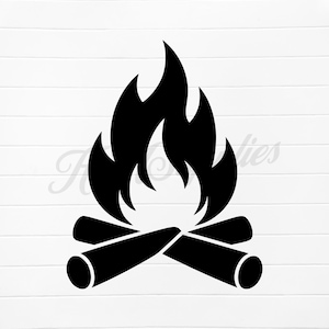 May include: A black graphic of a campfire with flames and logs. The flames are stylized with pointed tips, and the logs are cylindrical. The design is set against a white background with horizontal lines.
