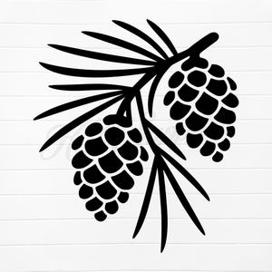 May include: Black silhouette of a pine branch with two pine cones and needles. The image is a simple, graphic design, perfect for nature-themed crafts or decor. The design is set against a white background.