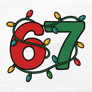 Puede incluir: Un gráfico festivo con los números 67 en rojo y verde, adornado con una cadena de luces navideñas de colores. Las luces son en tonos de rojo, amarillo y turquesa, añadiendo un toque alegre al diseño. El fondo es blanco.