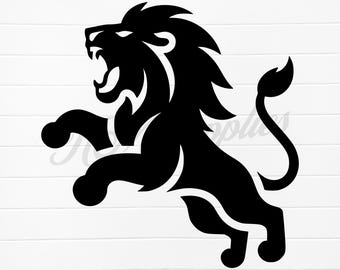 May include: Black silhouette of a roaring lion with a long mane and tail. The lion is standing on its hind legs with its front paws raised.