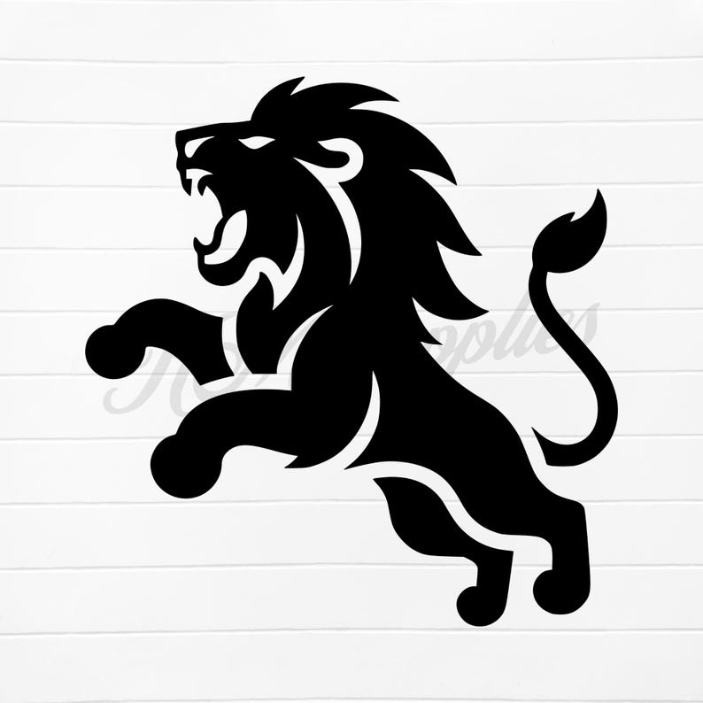 May include: Black silhouette of a roaring lion with a long mane and tail. The lion is standing on its hind legs with its front paws raised.