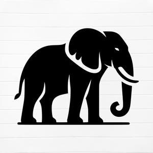 May include: A black silhouette of an elephant with its trunk curled up. The elephant is facing the right side of the image.